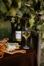 A rustic scene featuring a bottle of white wine, a filled wine glass, a cutting board with blue cheese, grapes, olives, and a baguette, all placed on a dark brown tablecloth. Grapevine leaves and grapes hang overhead, adding a natural and inviting vibe.