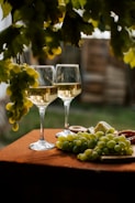 Two glasses of white wine are positioned on a table covered with a brown cloth. Fresh green grapes are scattered around, alongside a wooden platter displaying slices of cheese and charcuterie. Overhead, grapevines hang down, providing a natural canopy.