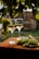 Two glasses of white wine are positioned on a table covered with a brown cloth. Fresh green grapes are scattered around, alongside a wooden platter displaying slices of cheese and charcuterie. Overhead, grapevines hang down, providing a natural canopy.
