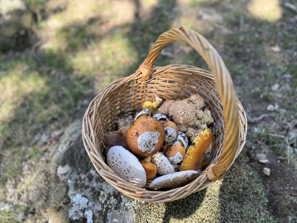 a basket filled with lots of different types of rocks