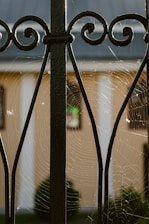 A detailed close-up of a wrought iron fence with scrollwork design. A spider web delicately woven between the bars glistens in the light. In the background, there is a blurred view of a building facade with light brown walls and white columns.