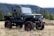 A rugged, black off-road vehicle with large tires and red accents parked on grassy terrain. It is an open-top design, with no doors or roof, and features a winch on the front bumper. In the background, there are trees and a mountain range under a cloudy sky.