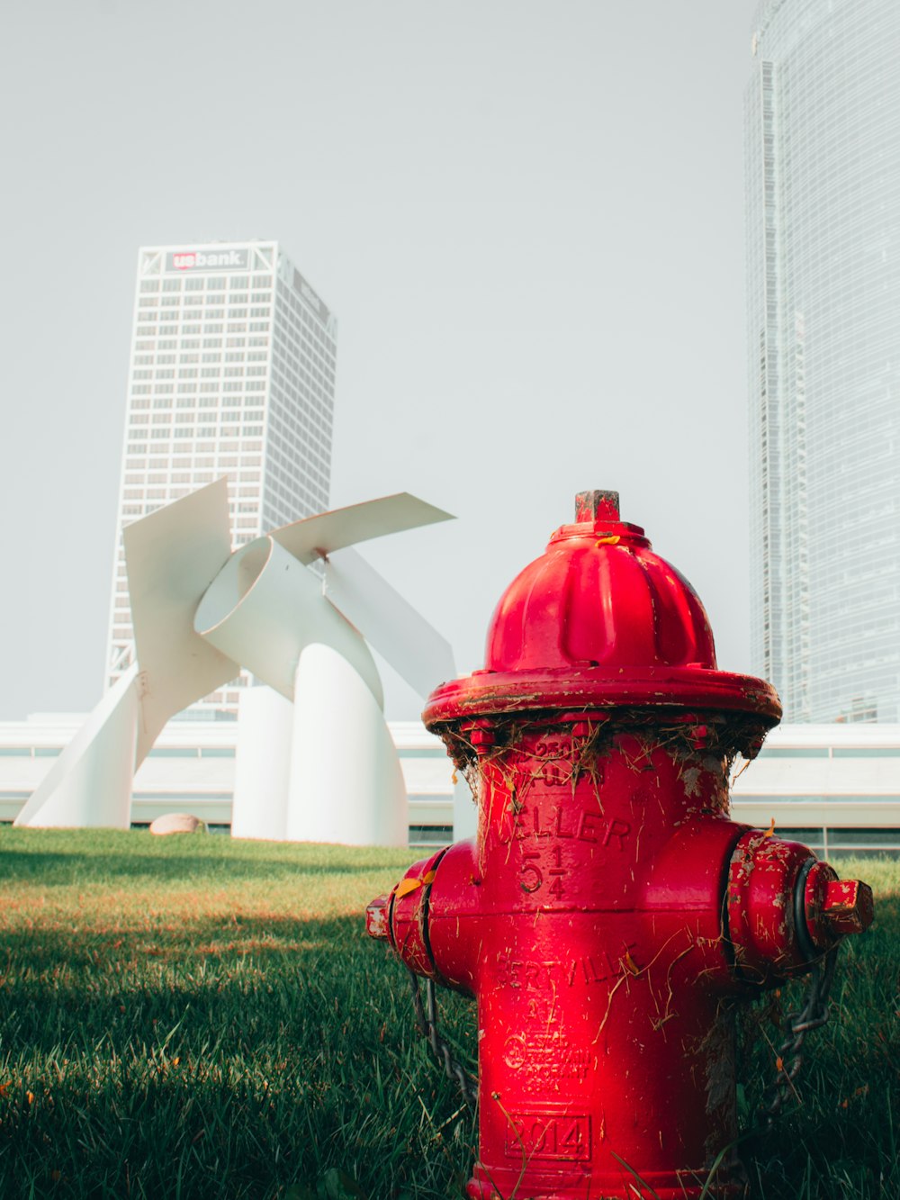 um hidrante vermelho sentado no meio de um campo