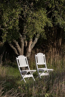 a couple of white chairs sitting next to a tree