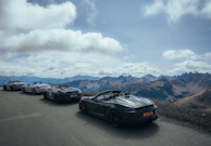 A fleet of luxury cars lined up on a scenic mountain road under a clear blue sky.