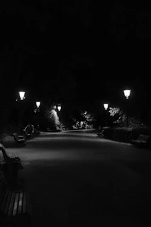 A twilight shot of a quiet, tree-lined park path with soft glowing street lamps.