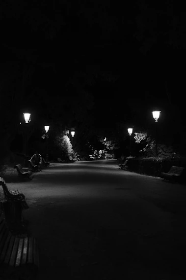 A twilight shot of a quiet, tree-lined park path with soft glowing street lamps.