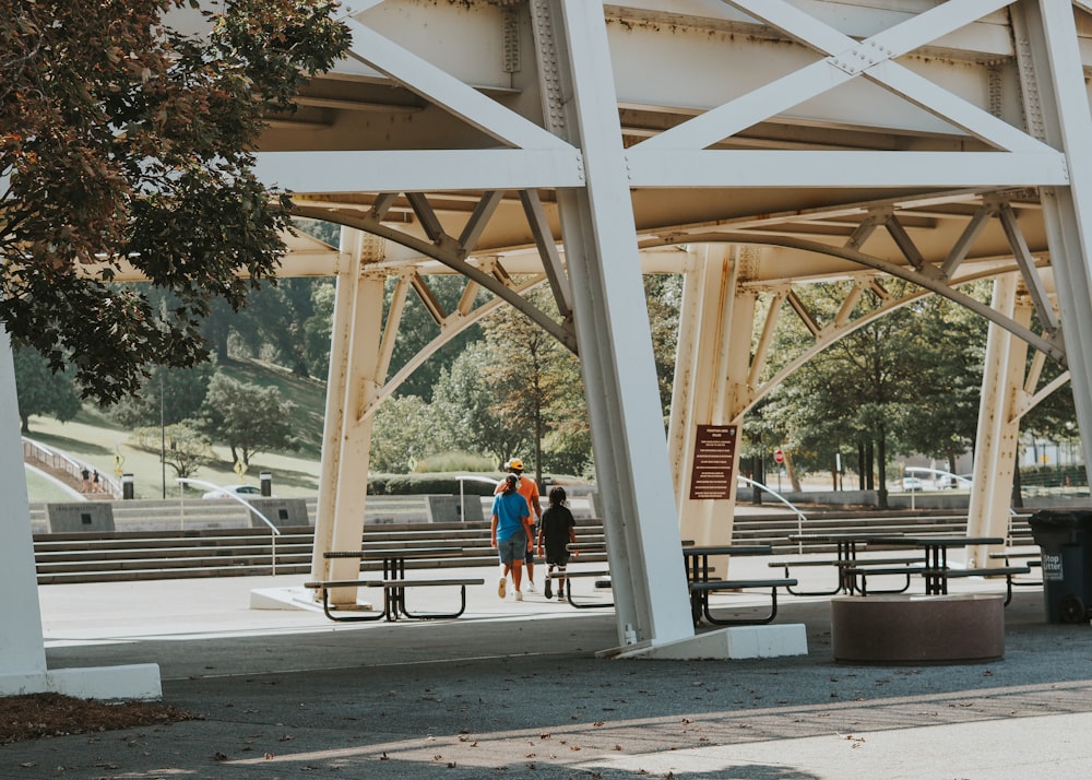 a couple of people that are standing under a bridge