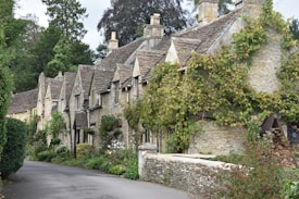 A row of charming stone cottages with steeply pitched roofs and chimneys, adorned with climbing plants and surrounded by lush greenery. The cottages are situated along a narrow, winding road lined with a low stone wall and various shrubs and trees.