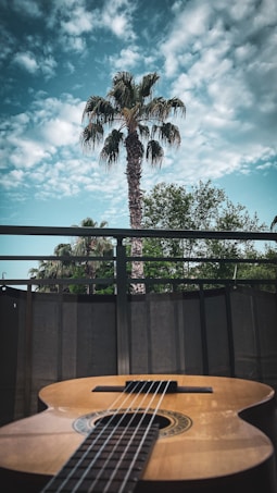 A classical guitar is placed on a surface with its strings facing up. In the background, there is a tall palm tree along with other green foliage. The scene is viewed from a balcony with metal railings. The sky above is partly cloudy, creating a serene atmosphere.