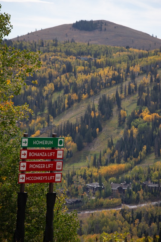 Ski resort directional sign with mountain backdrop