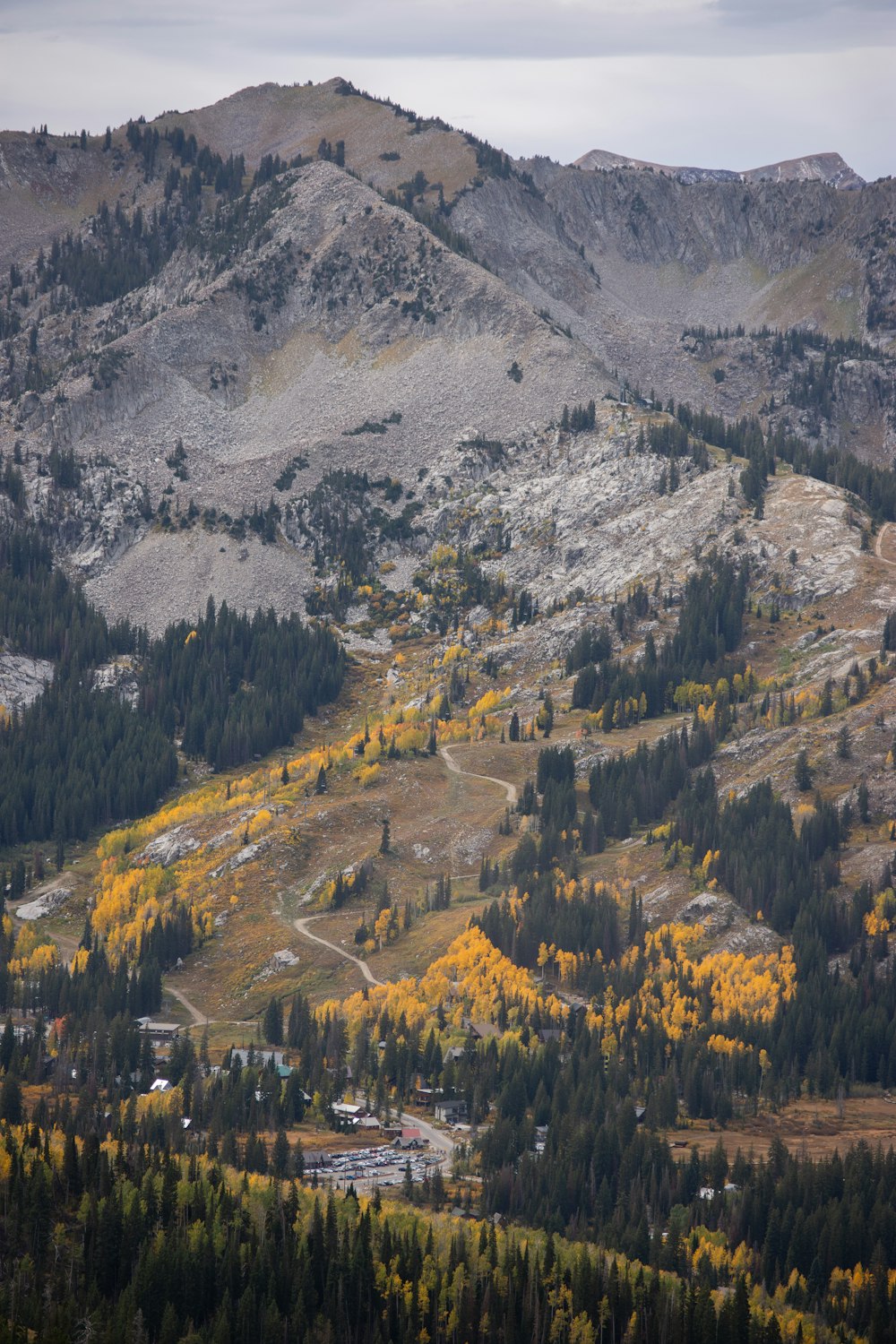 a scenic view of a mountain range with trees in the foreground