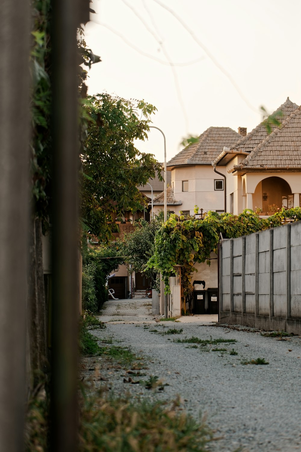 a row of houses next to a gravel road