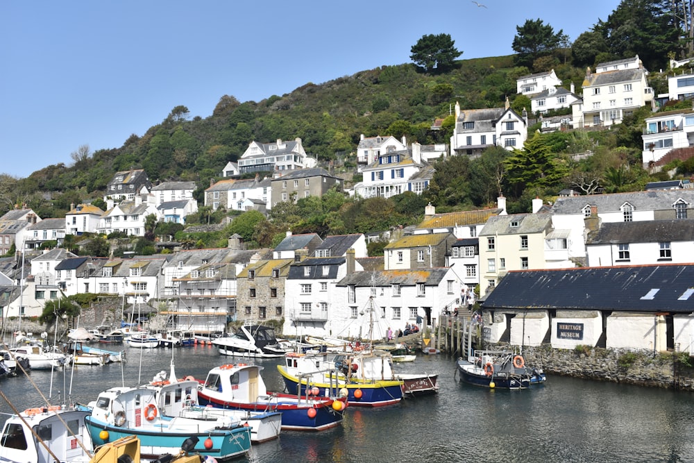 a harbor filled with lots of boats next to a hillside