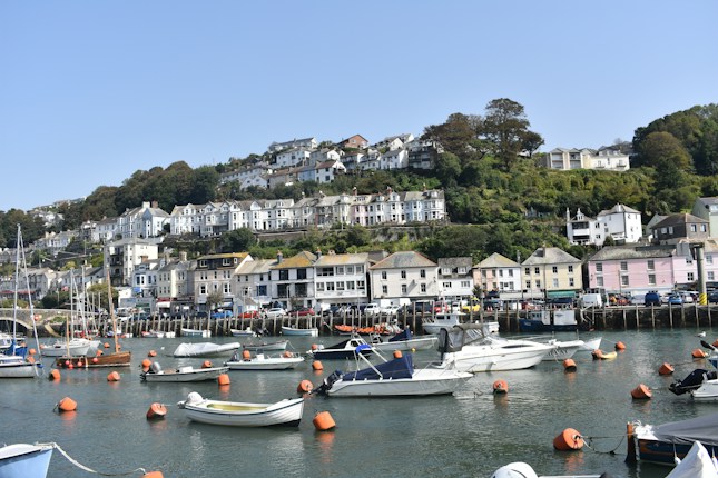 A picturesque coastal village with a collection of small boats moored in a harbor. In the background, there is a hillside filled with charming, pastel-colored houses with lush greenery and trees surrounding them. The water is calm, with visible orange buoys floating on the surface.