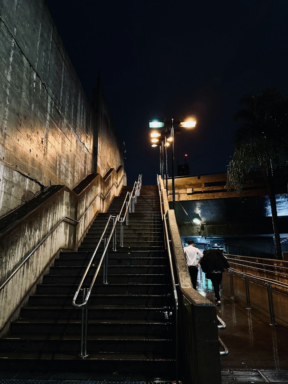 a person walking up a set of stairs at night