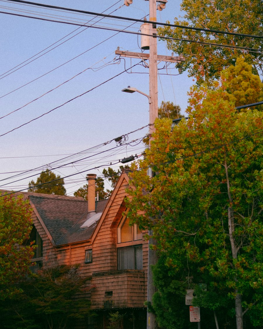 Shingled gable house on an older Tacoma street under turning maples at golden hour, overhead wires above
