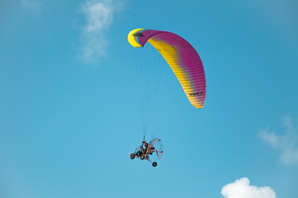 a person is parasailing in the blue sky