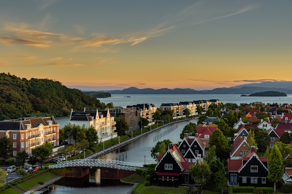 a view of a town with a bridge over a river