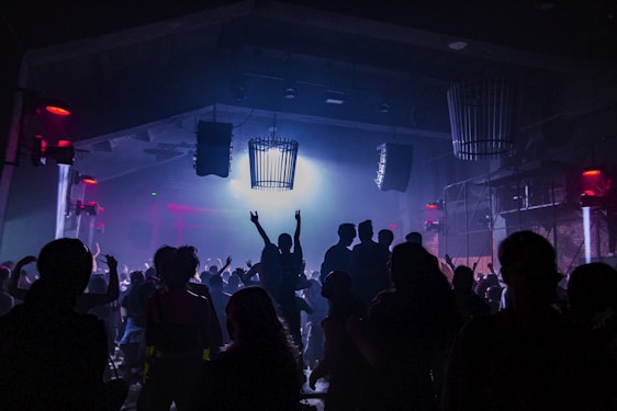 A crowded nightclub or concert venue with people dancing and raising their hands. The room is dimly lit with a combination of red and blue lighting. Silhouettes of individuals can be seen against a bright light source in the center, creating a dynamic and lively atmosphere.
