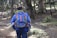 A person is hiking through a forest, wearing a blue jacket and carrying a large backpack. The path is surrounded by tall trees and green foliage, with patches of sunlight filtering through the branches.