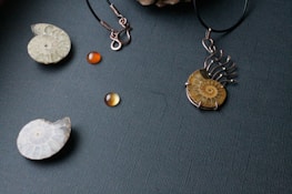 A collection of jewelry pieces is displayed on a textured dark background, including a pendant with a fossil-like spiral design, an earring with an empty hook, and several round amber-colored beads.