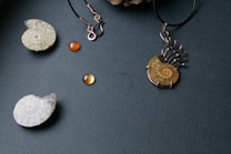 A collection of jewelry pieces is displayed on a textured dark background, including a pendant with a fossil-like spiral design, an earring with an empty hook, and several round amber-colored beads.