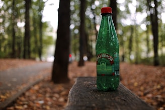 A green plastic bottle with a red cap is placed on a rough wooden surface. The background features a blurred view of a forest with tall trees and a carpet of fallen leaves. The setting suggests a peaceful, natural environment.