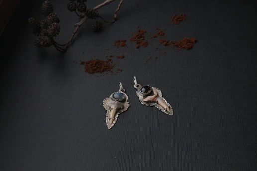 Two intricately designed pendants with tooth-like elements and gemstones are placed on a textured dark surface. The pendants are silver with one holding a blue gemstone and the other a black gemstone. Above them, there is a branch with pinecones and scattered reddish-brown powder, possibly cinnamon.