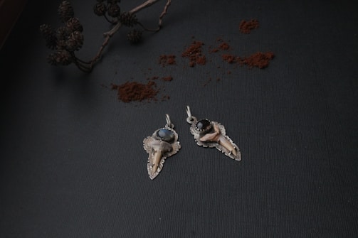 Two intricately designed pendants with tooth-like elements and gemstones are placed on a textured dark surface. The pendants are silver with one holding a blue gemstone and the other a black gemstone. Above them, there is a branch with pinecones and scattered reddish-brown powder, possibly cinnamon.