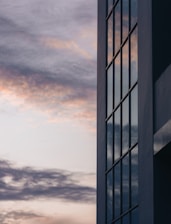 Close-up of sparkling clean windows reflecting a soft purple sky