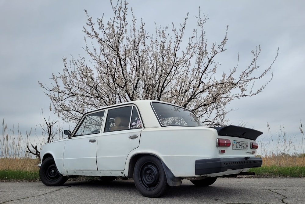 Ein altes weißes Auto, das vor einem Baum geparkt ist