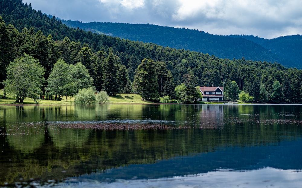 a house sits on the edge of a lake