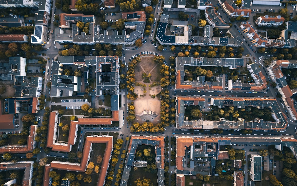 an aerial view of a city with lots of buildings