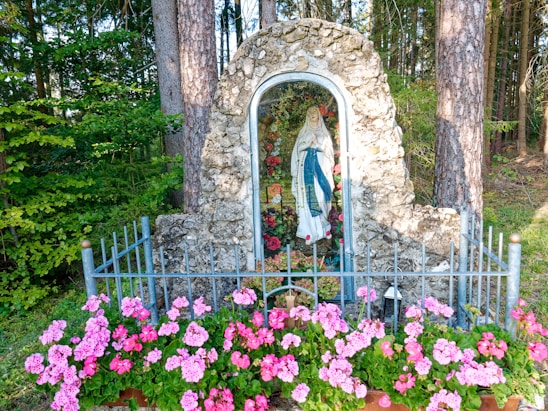 A serene statue of a religious figure is encased in a stone alcove amidst a forest setting. Pink flowers bloom vibrantly in front of the statue, and a metal fence surrounds the area, adding a sense of protection and reverence.