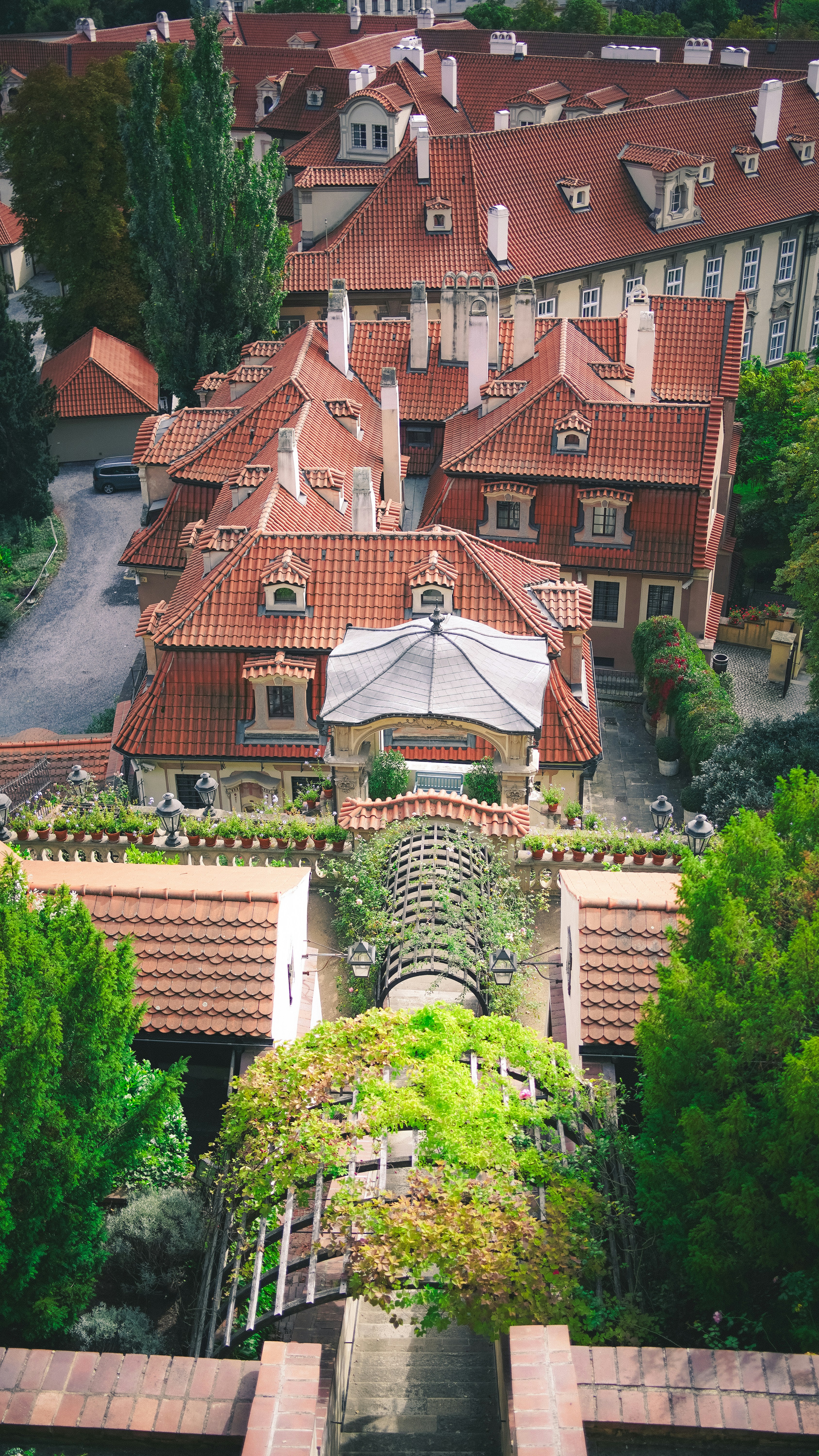 an aerial view of a building with many windows