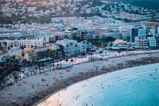 A coastal city scene featuring a lively beach filled with people and colorful umbrellas. In the background, there are numerous buildings including apartments and hotels, with palm trees lining the promenade. The sea is calm, with several people swimming or playing in the water. The image captures a typical day at a busy seaside destination.