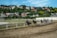 A group of horses with jockeys racing on a dirt track, surrounded by lush greenery and residential buildings in the background. Dust is kicking up from the horses' hooves as they round a bend.