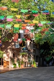 A vibrant street decorated with colorful papel picado banners hanging above. The street is lined with trees and a building featuring a sign with a black circular design. Potted plants are placed along the sidewalk, and sunlight creates patterns of light and shadow.