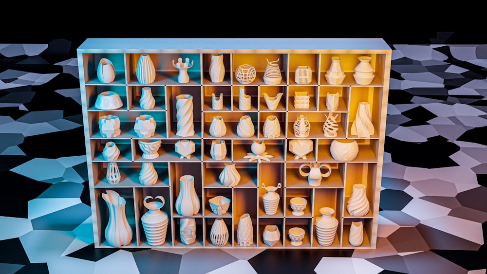 a display case filled with lots of white vases