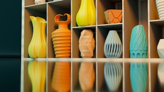 a shelf filled with lots of different colored vases