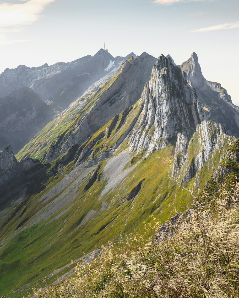 a large mountain with a grassy field below it