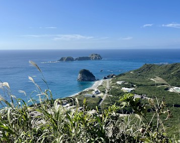 A picturesque coastal view with lush greenery in the foreground, leading to a winding road that follows the contour of the landscape. The scene includes blue ocean waters gently lapping against a sandy beach, with several small islands visible in the distance under a clear blue sky.