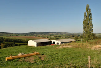 A rural consultant discussing plans with a farmer in a green field under a clear sky.