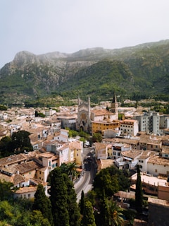 a view of a city with mountains in the background