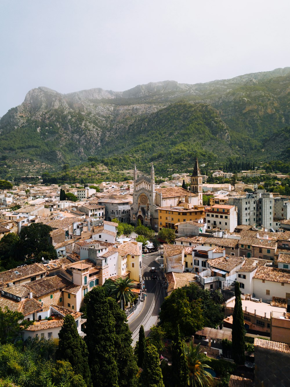 a view of a city with mountains in the background