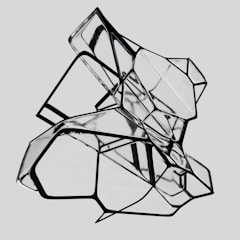 A complex geometric structure composed of interconnected transparent panels and black outlines. The structure is abstract, creating an intricate pattern of reflections and angles.