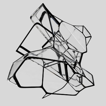 A complex geometric structure composed of interconnected transparent panels and black outlines. The structure is abstract, creating an intricate pattern of reflections and angles.