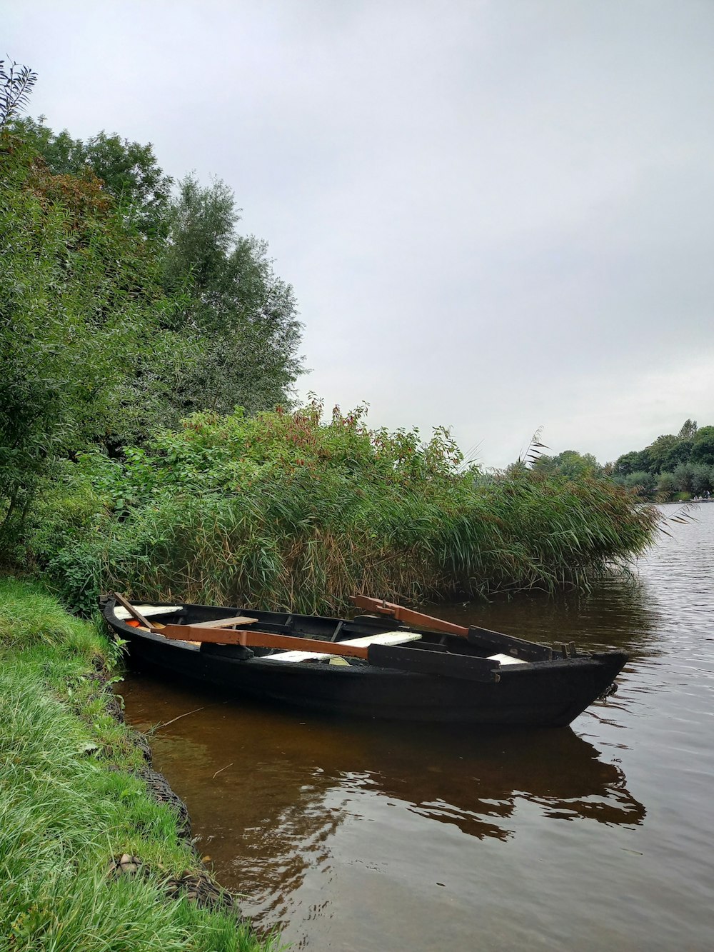 a boat sitting on top of a river next to a lush green field