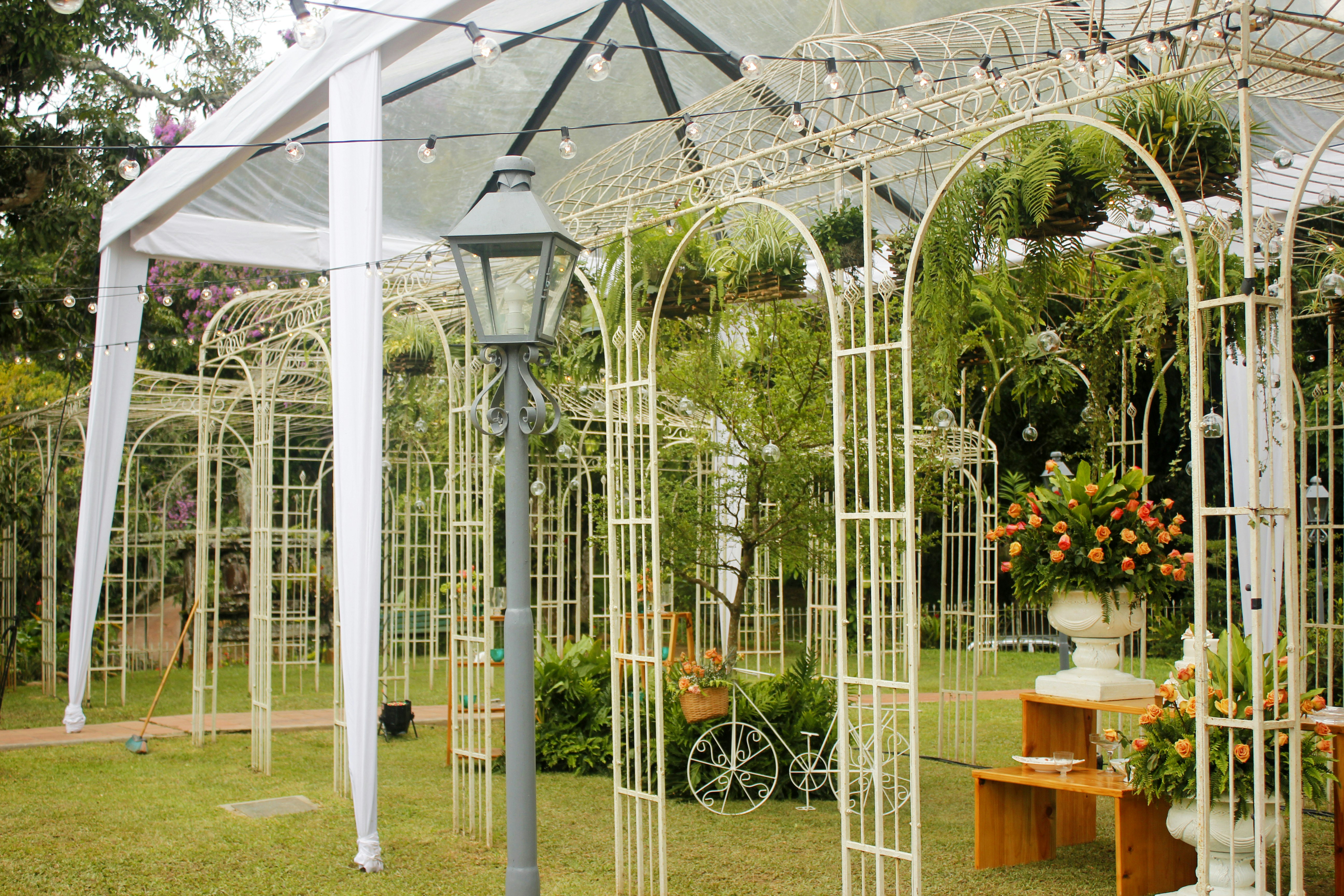 Lush garden venue with fairy lights strung between trees and floral arches
